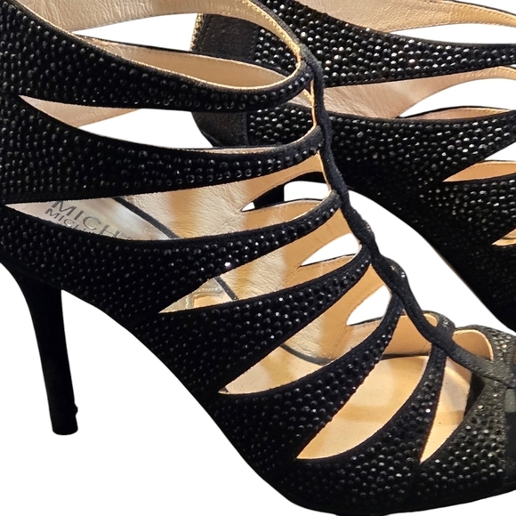 MICHAEL Michael Kors Woman's Mavis Open Toe Black Suede Heel Sandals w/ Crystals - Picture 4 of 13